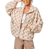 chouyatou Women Winter Casual Checkered Fleece Jacket Fuzzy Oversized Sherpa Jacket Shacket Faux Fur Coat