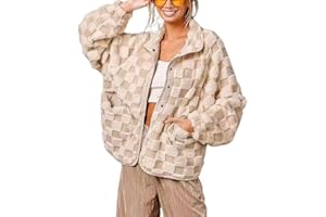 chouyatou Women Winter Casual Checkered Fleece Jacket Fuzzy Oversized Sherpa Jacket Shacket Faux Fur Coat
