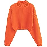 ZAFUL Women's Pullover Sweater Drop Shoulder Plain Knitted Cropped Sweater Pullover Solid Long Sleeve Cropped Tops