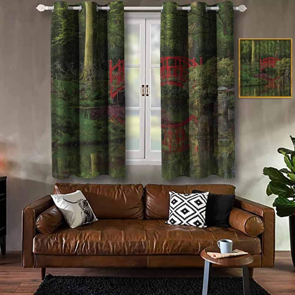 Amazon Com Lake House Mansion Decorations Red Chinese Bridge In A Forest Of Green Tree Leaves Reflection On River Red Green Brown Modern Print Curtains Hook The Living Room Curtain W84 X L45 Inch Home
