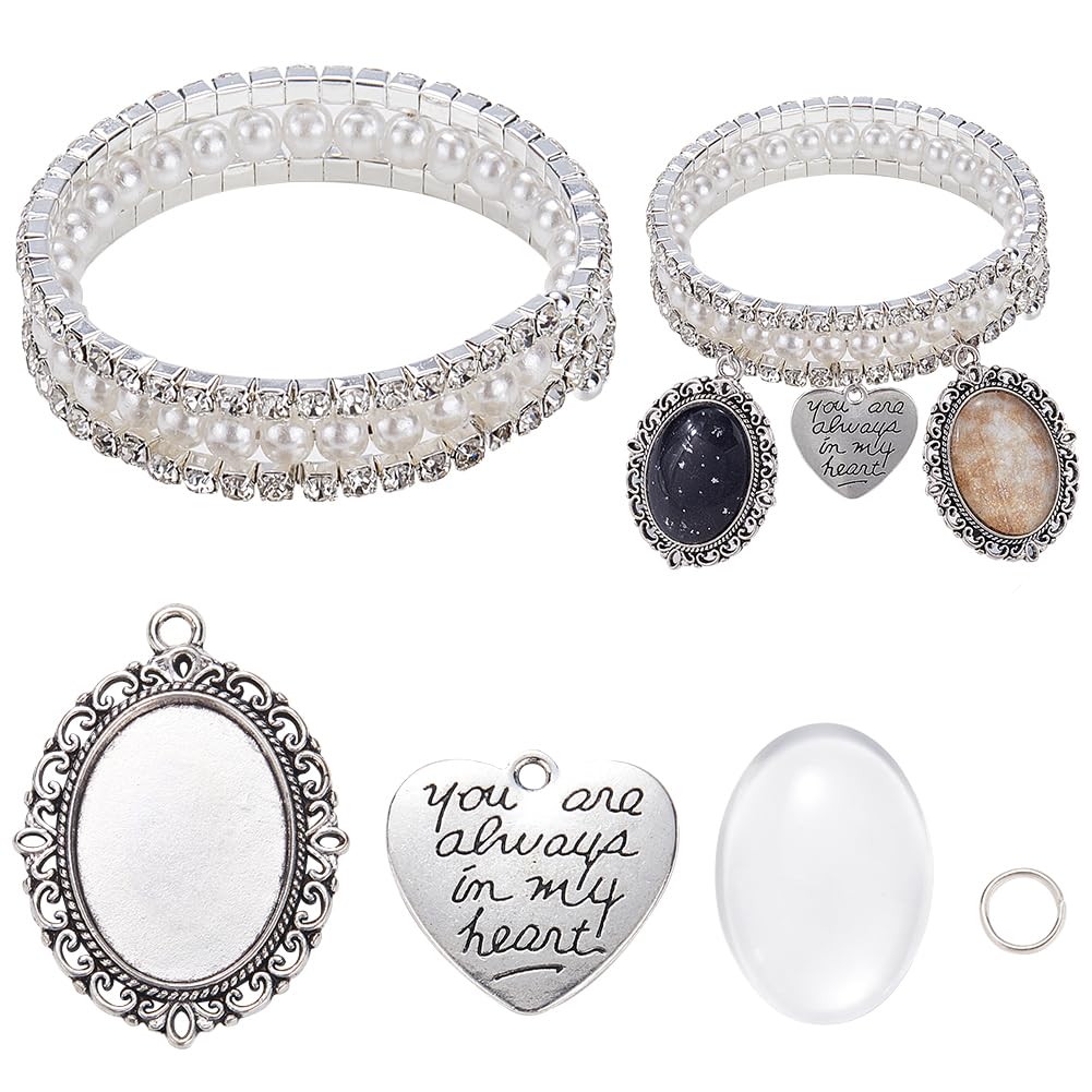 SUNNYCLUE 1 Box Memorial Picture Charm Wedding Bouquet Photo Charms Silver Heart Bridal Personalized Glass Oval Cabochon Pearl Rhinestone Charm Kit for Wedding Bride Groom Party Gift Flower Diy Supply