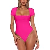 REORIA Womens Sexy Square Neck Double Lined Shirt Stretchy Basic Short Sleeve Going Out Thong Bodysuit Tops