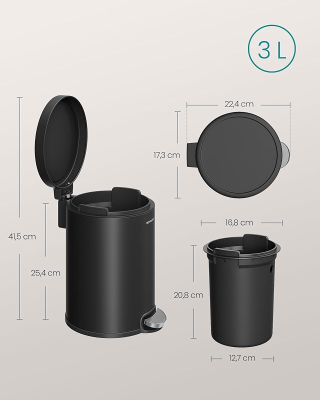 Cubo de Basura de Baño, 3 L, de Acero, con Tapa de Cierre Suave