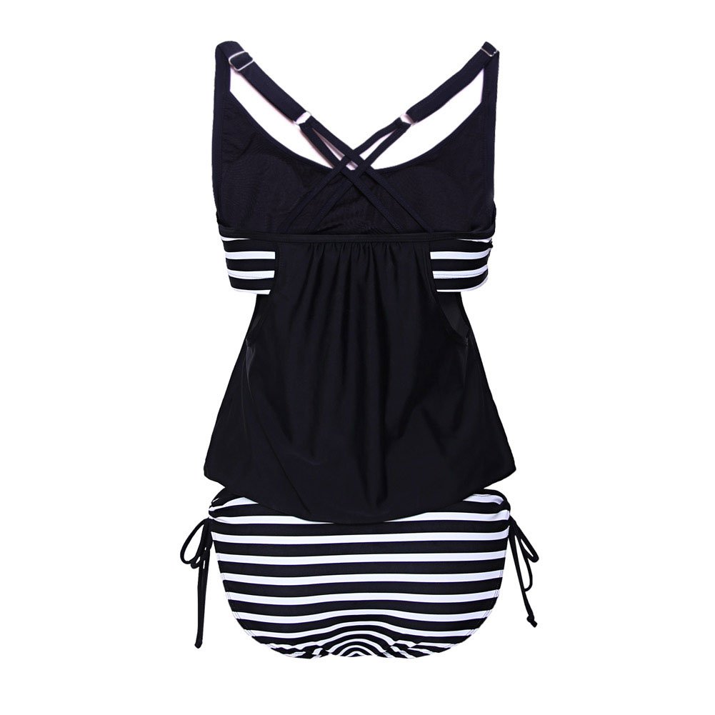 Qiaoer Womens 2 Piece Black Cover up Stripes Tankini Top Bikini Bottom Swimsuit (XXL, Black - White Stripe)