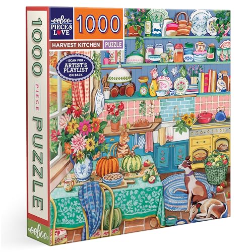 eeBoo Piece & Love: Harvest Kitchen - 1000 Piece Puzzle – 23" Square Adult Jigsaw, Cozy Rustic Home & Pet Scene, Glossy & Dustless, Eco-Friendly