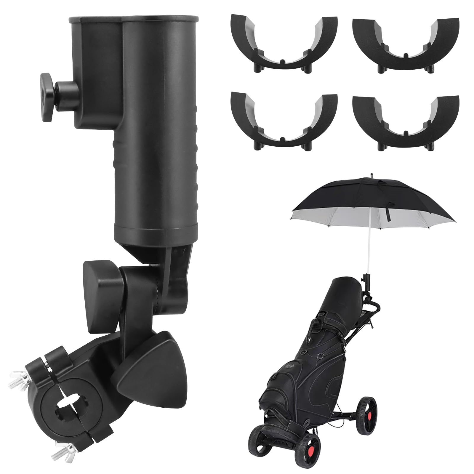 Thatyro Golf Push Cart Umbrella Holder, Adjustable Golf Trolley Umbrella Clamp Stand, Universal Umbrella Attachment for Chair Stroller Wheelchair Fishing Bike Beach (Black)