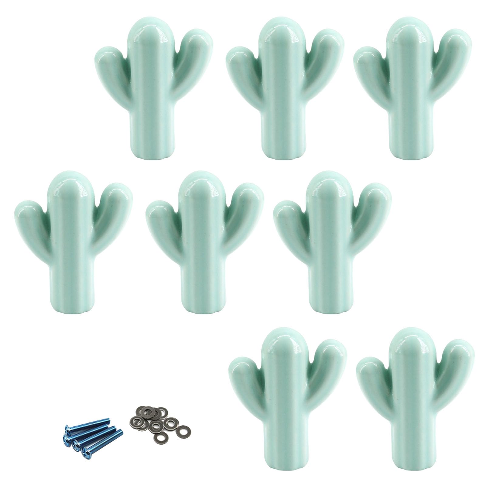 Zerniple (8 Pieces) Blue Green Ceramic Handle Pull Cactus Shape Cabinet Knobs Kids Room Cupboard Wardrobe Knobs (Come with Screws and shims)