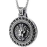 COOLSTEELANDBEYOND Men Women Steel Embossed Lion Head Sunray Circle Medal Pendant Necklace, Vintage Blackened