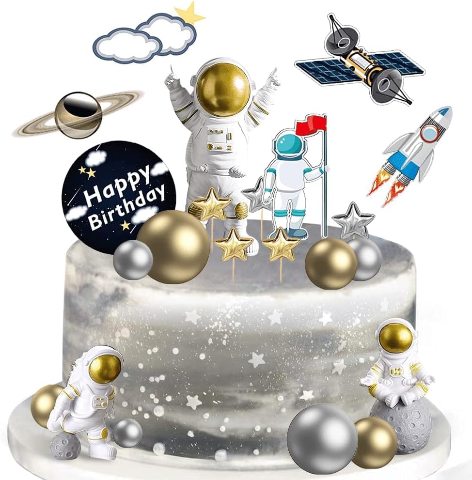 22 Pcs Space Cake Topper,Outer Space Cupcake Toppers Astronaut Figurine Decorations Birthday Space Themed Party Supplies Planet Rocket Pearl Balls and Star DIY Cake Toppers for Kids Party Baby Shower