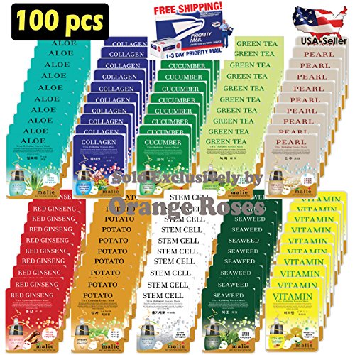 101 pcs Ultra Hydrating Essence Mask, KoreanFacial Mask Sheet (10 x 10 Types) : Aloe, Collagen, Cucumber, GreenTea…