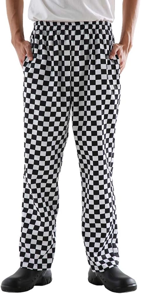 Men’s Black and White Checkerboard Print Chef Pants with Elastic Waist Drawstring Baggy Chef Uniforms