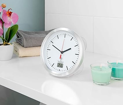 St Leonhard Badezimmer Funk Wanduhr Mit Thermometer Saugnapfen Alu Rahmen Ipx4 Amazon De Kuche Haushalt