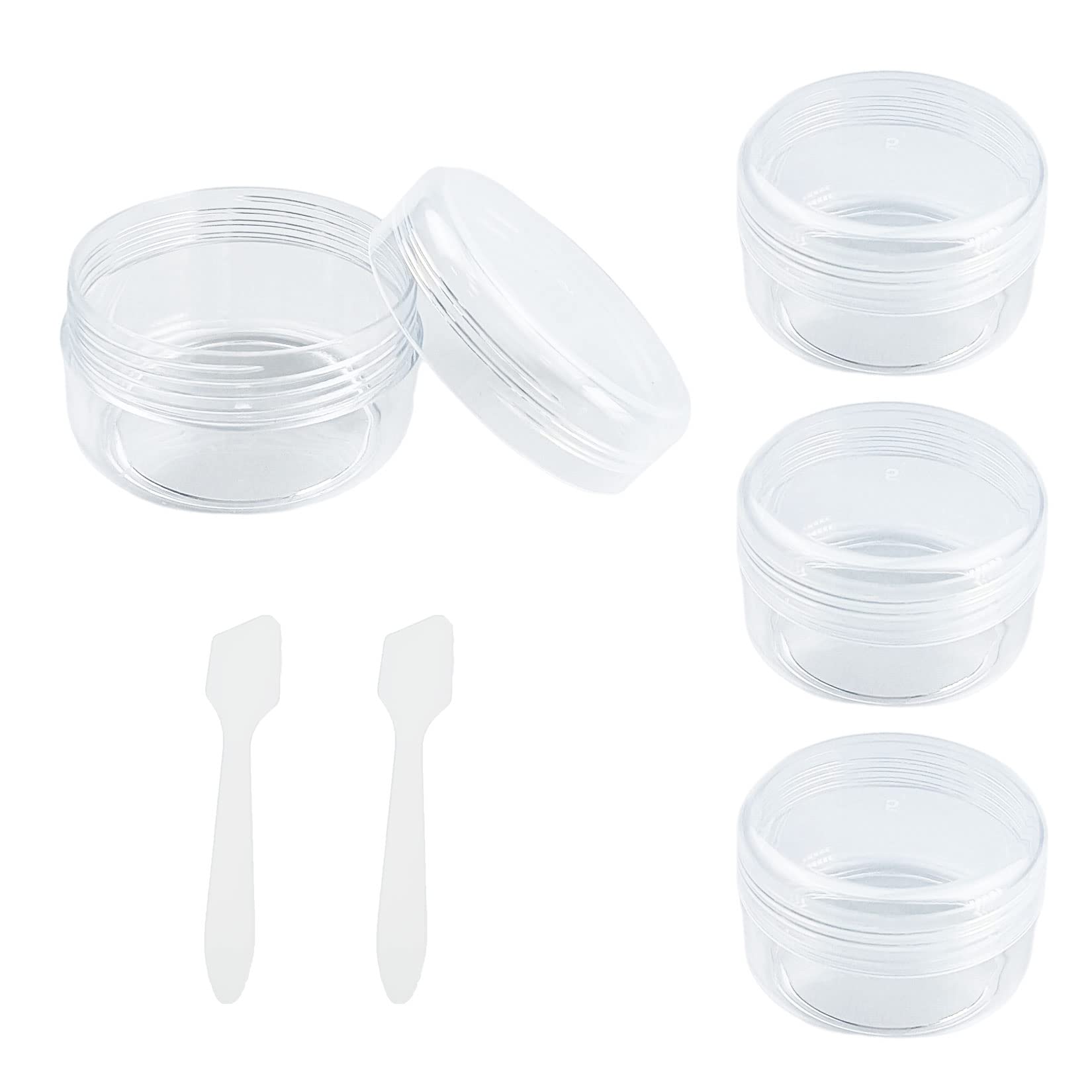 Travel Sample Pots 4Pcs 30ml With Lids and 2 Mini Spatulas - Refillable Cosmetic Containers for Toiletries, Creams, Lotion, Nail Art Glitter Jewelleries, Transparent