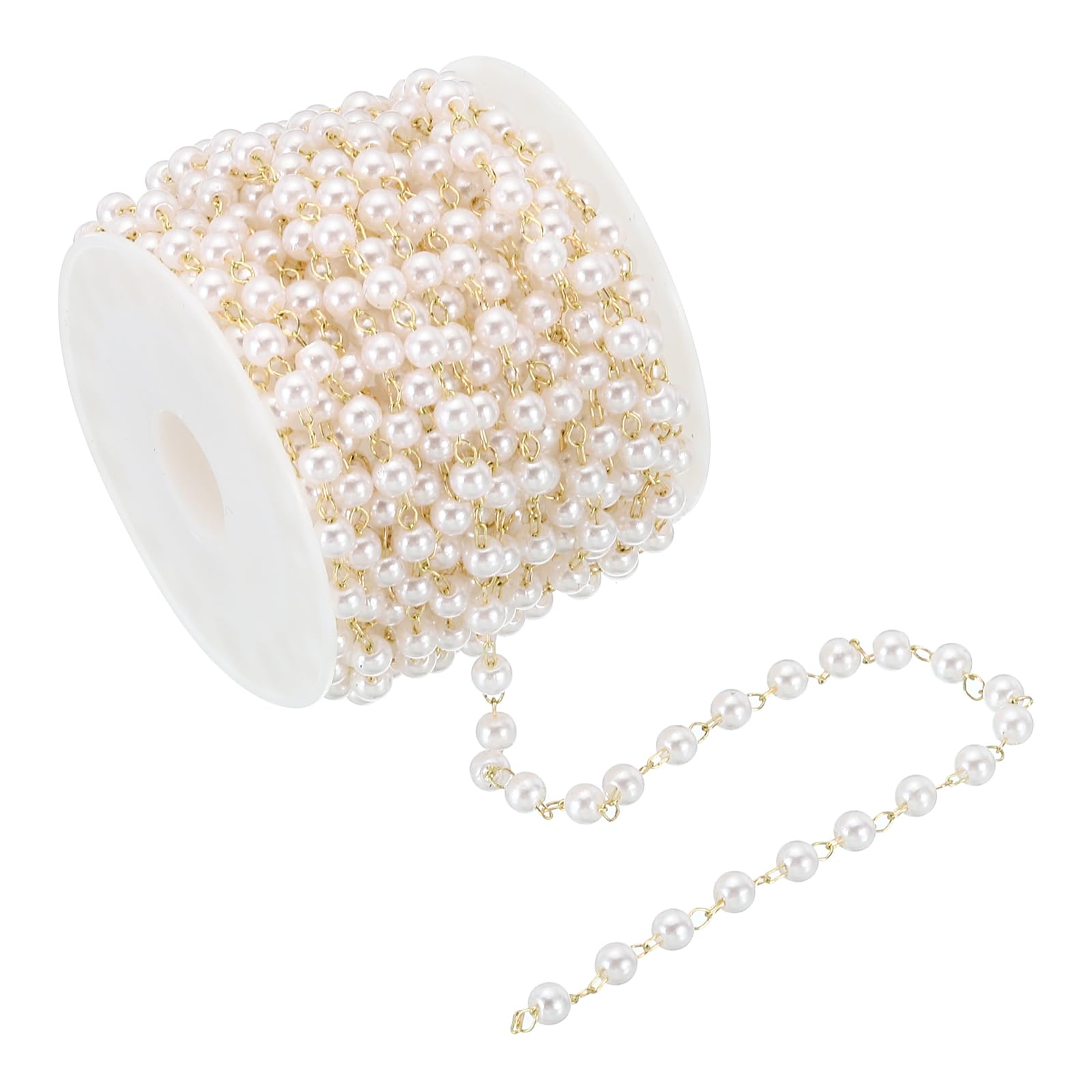 PATIKIL 5m/16 Feet Faux Pearl Beading Chain with Spool, 4mm Brass Chain Link for Decoration Making DIY Accessories Style 1, Light Gold