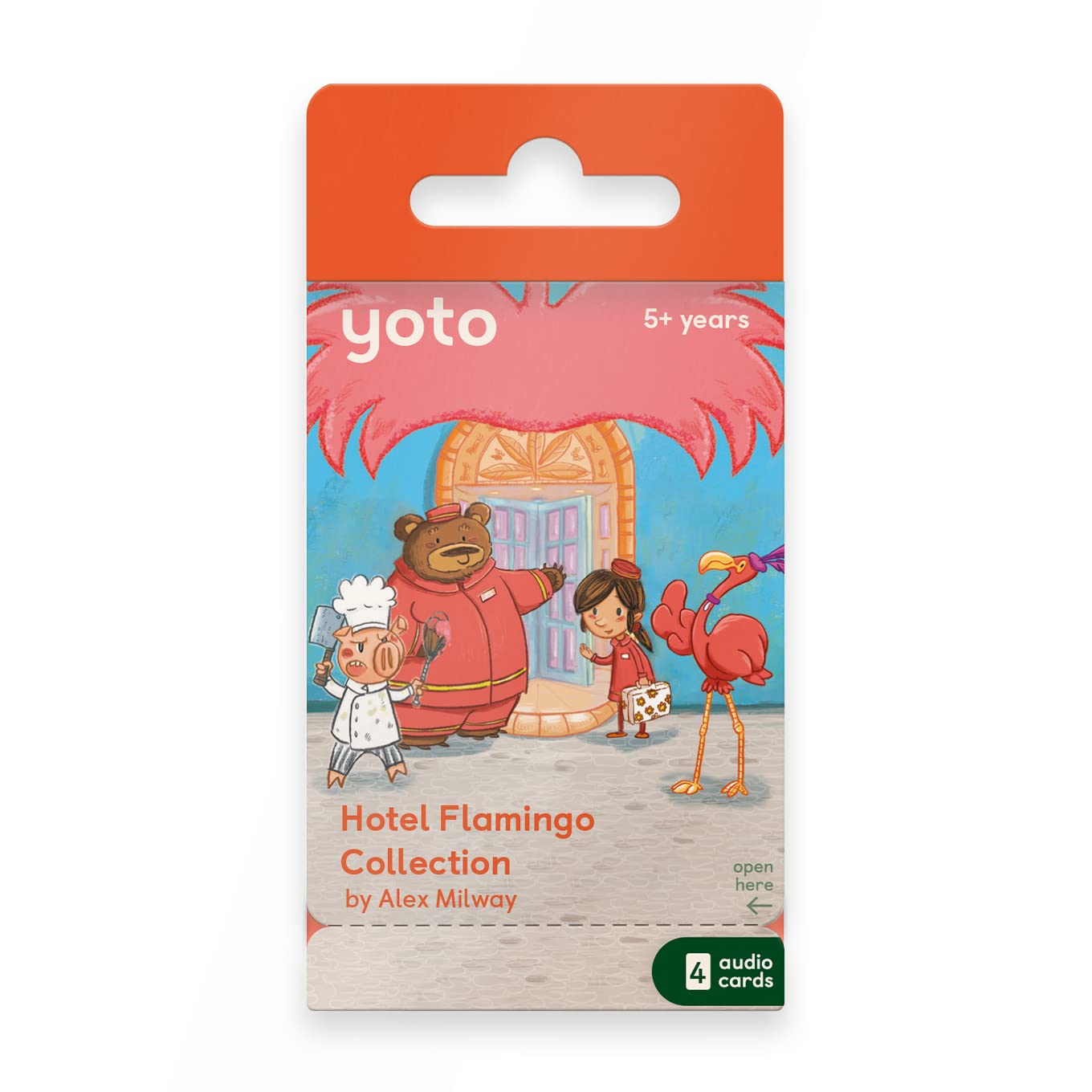 YOTO Hotel Flamingo by Alex Milway – 4 Kids Audio Cards for Use with Player & Mini All-in-1 Audio Device, Educational Screen-Free Listening with Fun Stories for Playtime Bedtime & Travel, Ages 5+