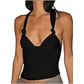 Milumia Women's Twist Knot Tie Backless Halter Top Y2k Ruched V Neck Sleeveless Tops