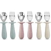 PandaEar 6 Pieces Baby Toddler Silicone Stainless Steel Utensils Silverware Spoon Fork for Baby Toddler BPA Free with Silicon
