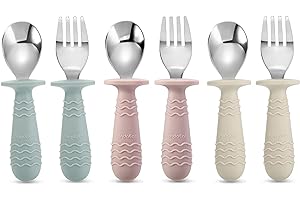 PandaEar 6 Pieces Baby Toddler Silicone Stainless Steel Utensils Silverware Spoon Fork for Baby Toddler BPA Free with Silicon