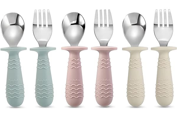 PandaEar 6 Pieces Baby Toddler Silicone Stainless Steel Utensils Silverware Spoon Fork for Baby Toddler BPA Free with Silicon