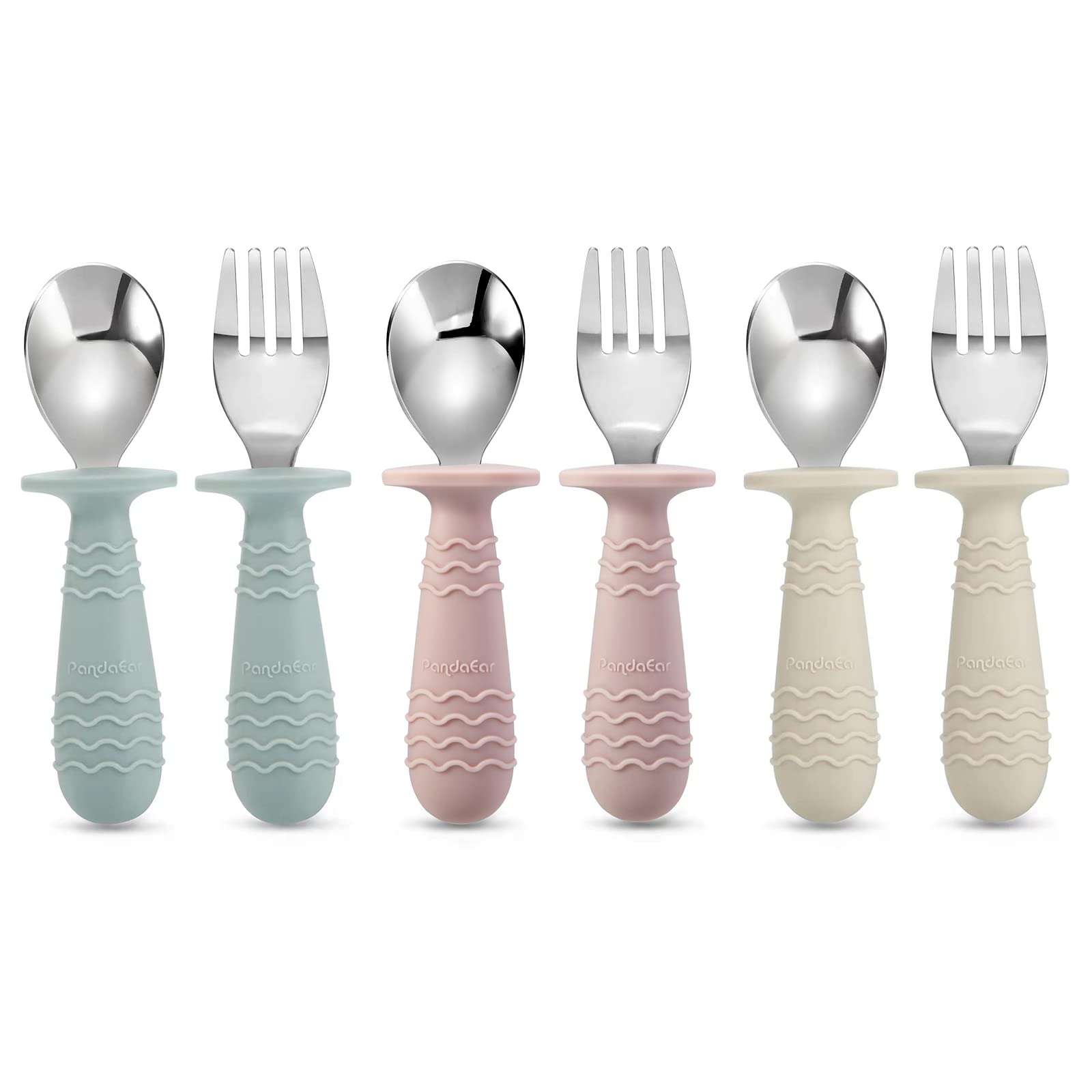 PandaEar 6 Pieces Baby Toddler Silicone Stainless Steel Utensils Silverware Spoon Fork for Baby Toddler BPA Free with Silicone Holding Anti-Choke Design (Blue Pink White)