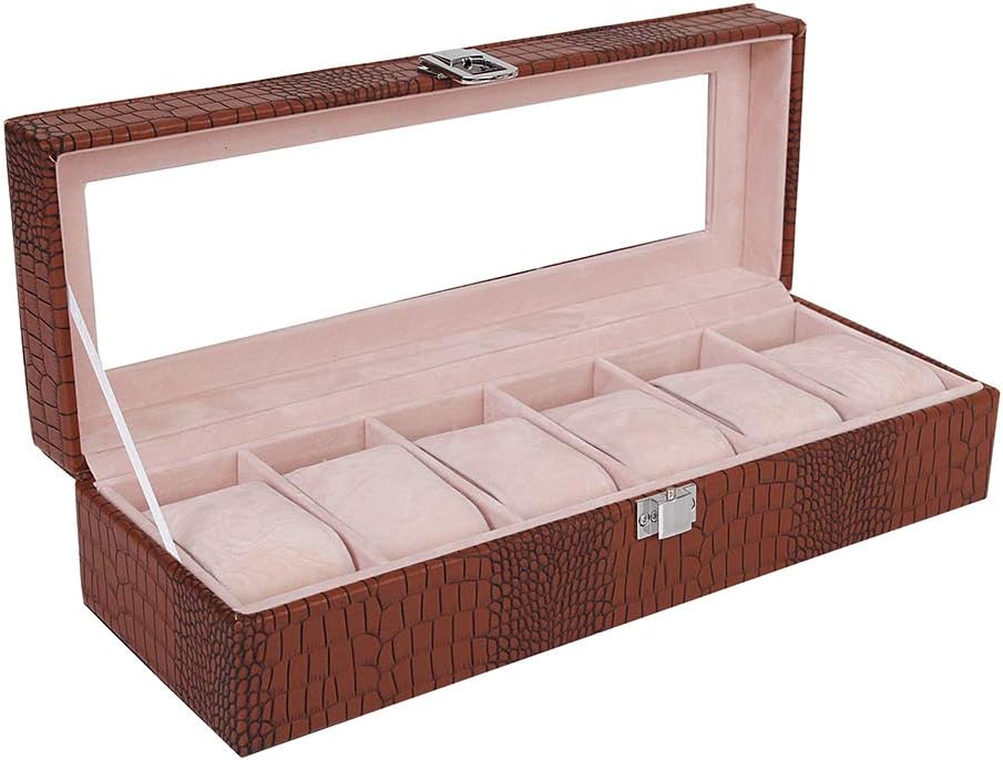 Watch Box 6 Grids,BS PU Faux Leather Watch Storage Boxes Wristwatches Jewellery Bracelet Fitness Tracker Collections Smart Watch Display Case Lid with Glass Window (Brown)