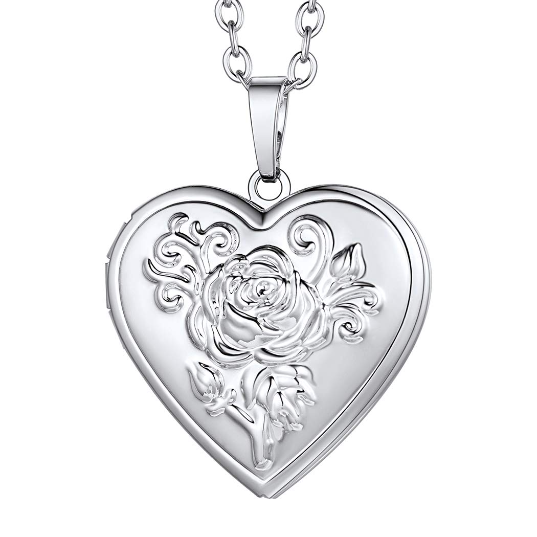 Suplight Women's Locket Necklace, Memorial Locket with Picture, Platinum Retro Vintage Rose Flower Heart Shaped Image Photo Locket Pendant Necklace for Teen Girsl