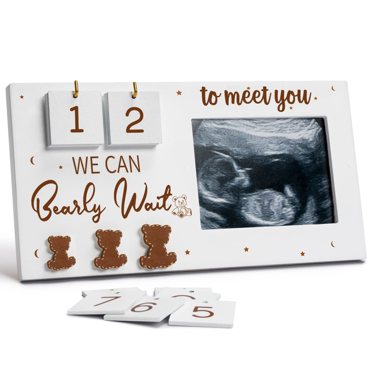 YLOVAN Expecting Parents to Be Unique Gifts for Pregnant Women, Sonogram Picture Frame Pregnancy Gift We Can Bearly Wait with Countdown Weeks, Best Mom Gift,White & Brown