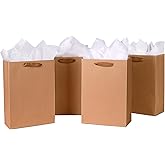 SHIPKEY 10pcs Kraft Paper Bags 8x4x11 Inches, Brown With Tissue Paper, Shopping, Retail, Gift With Soft Cloth Handles