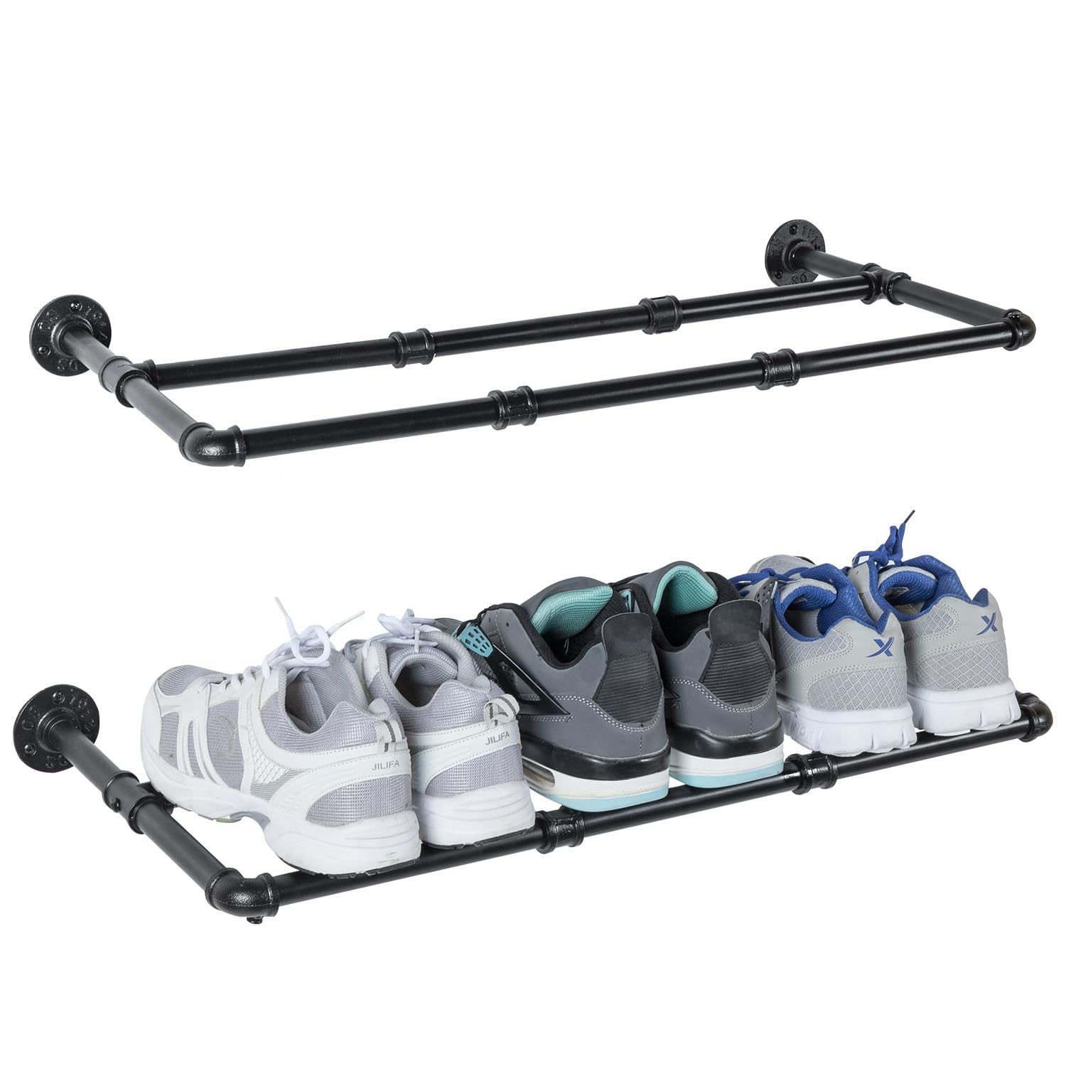 Photo 1 of MyGift Set of 2 Industrial Matte Black Metal Pipe Hanging Shoe and Boot Rack Shelves, Wall Mounted Space Saving Footwear Storage for Closet, Mudroom, Entryway, Holds 6 Pairs
