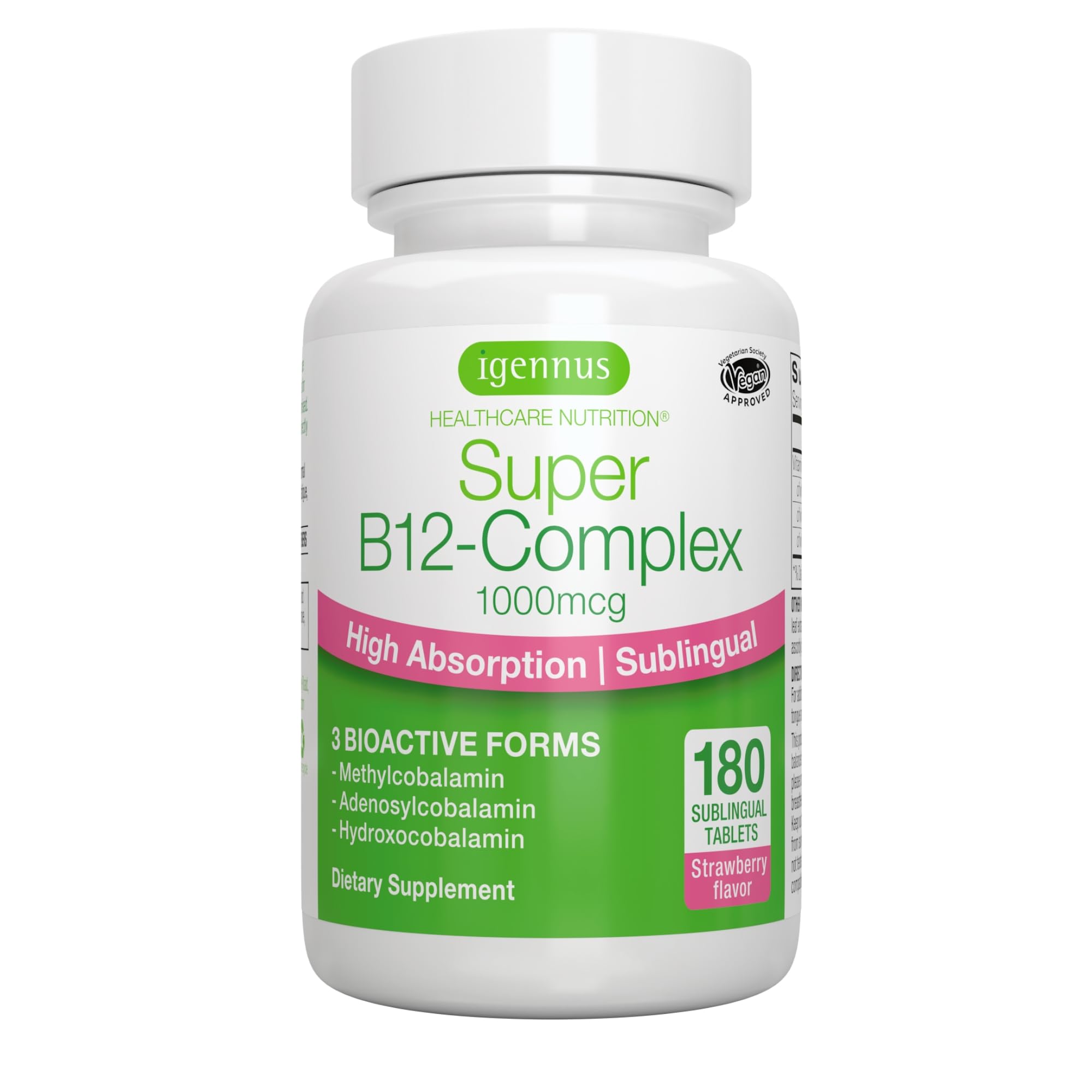 Igennus Sublingual Vitamin B12 Complex 1000mcg, Methylated Methylcobalamin, Adenosylcobalamin & Hydroxocobalamin, High Absorption & Clean, 180 Servings, Sugar-Free & Vegan