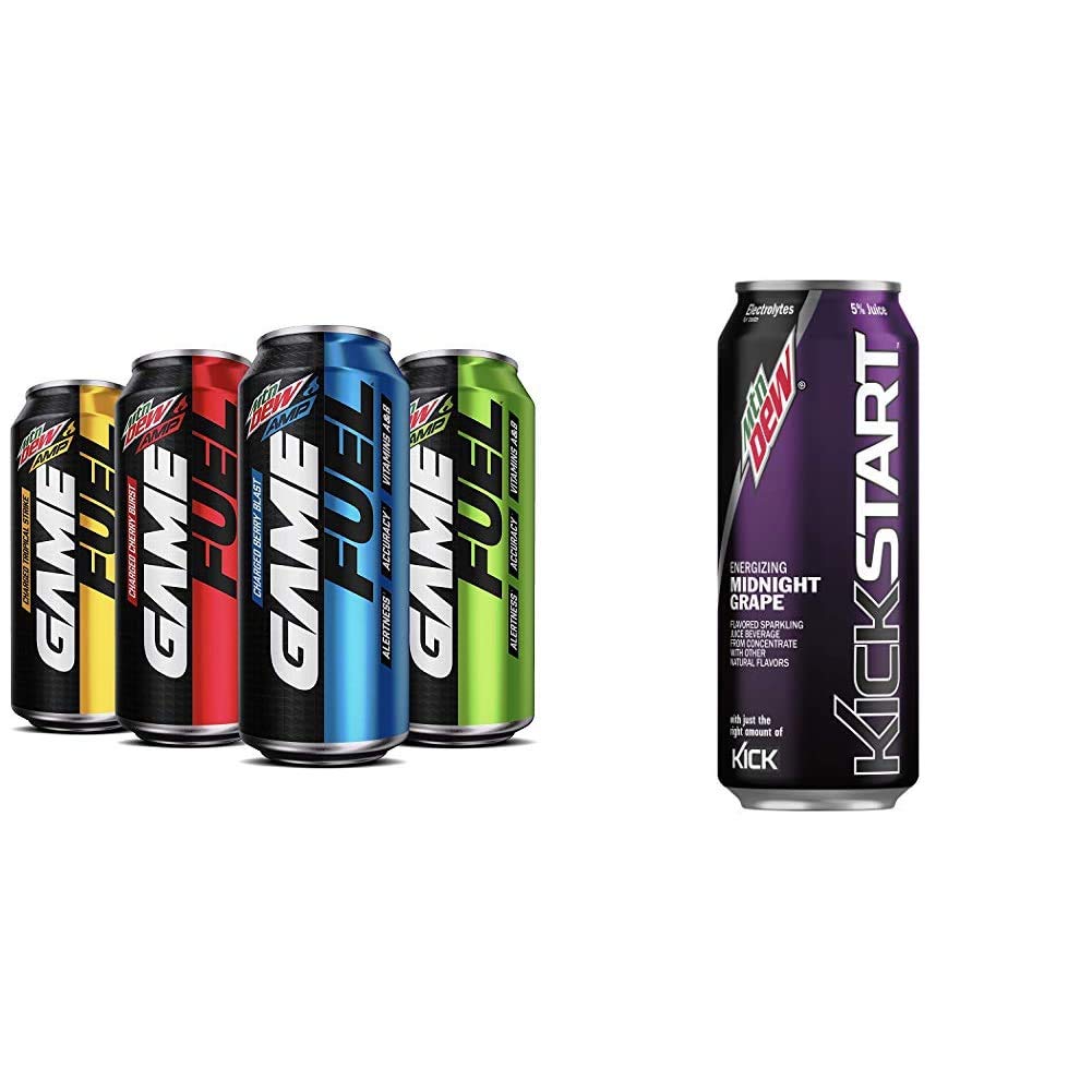Mountain Dew AMP GAME FUEL, 4 Flavor Variety Pack, 16 fl oz. cans (12 Pack) & Kickstart, Midnight Grape, 16 Fl Oz (12 Count)
