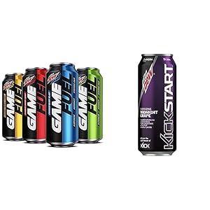 Mountain Dew AMP GAME FUEL, 4 Flavor Variety Pack, 16 fl oz. cans (12 Pack) & Kickstart, Midnight Grape, 16 Fl Oz (12 Count)