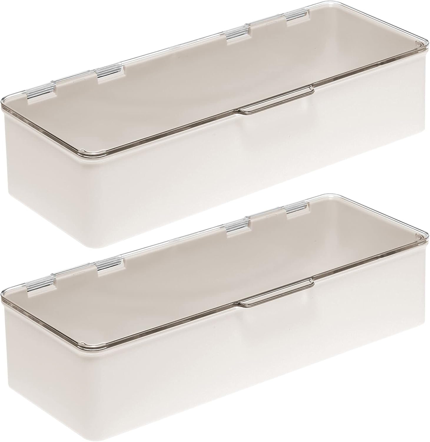 mDesign Plastic Stackable Box Home, Office Supplies Storage Organizer Box with Attached Hinged Lid - Holder for Note Pads, Gel Pens, Staples, Dry Erase Markers, Tape - 2 Pack - Cream/Clear : Office Products