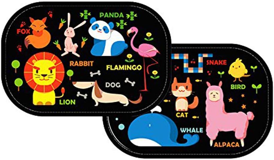 Onlywe Car Sunshades (2 Packs) with Cartoon Image,Electrostatically Absorbing Universal Car Baby Sun Shades, Blocking The Sun,Glare and UV Rays to Protect Your Child-Easy to Install (Animal World)