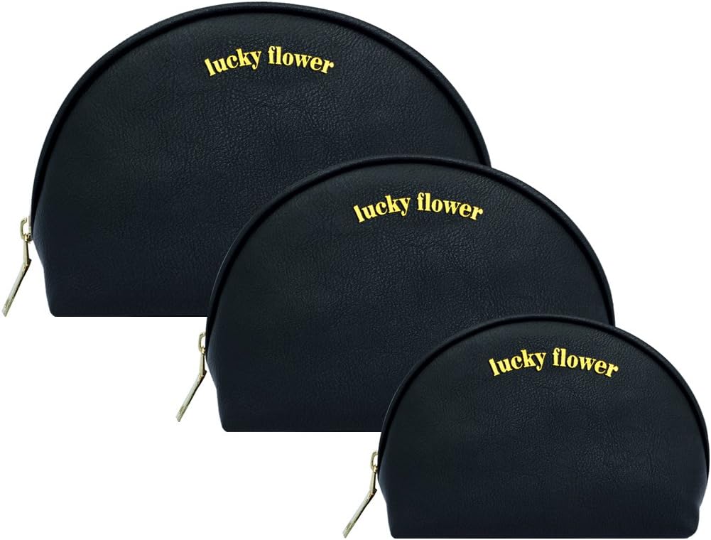 Makeup Bag set of 3 Leather Portable Travel Kit Toiletry Bag Cosmetic Organizer lucky flower (Black)