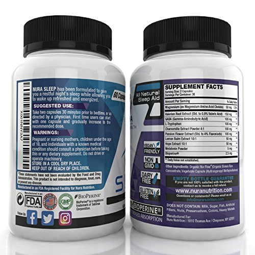 NuraSleep Natural Sleep Aid Dietary Supplement, 60 Capsules â€“ Relaxing Non-Habit Forming Herbal Sleeping Complex Sleep Assure Tablets with 150% Melatonin, Valerian, Chamomile, Magnesium & More