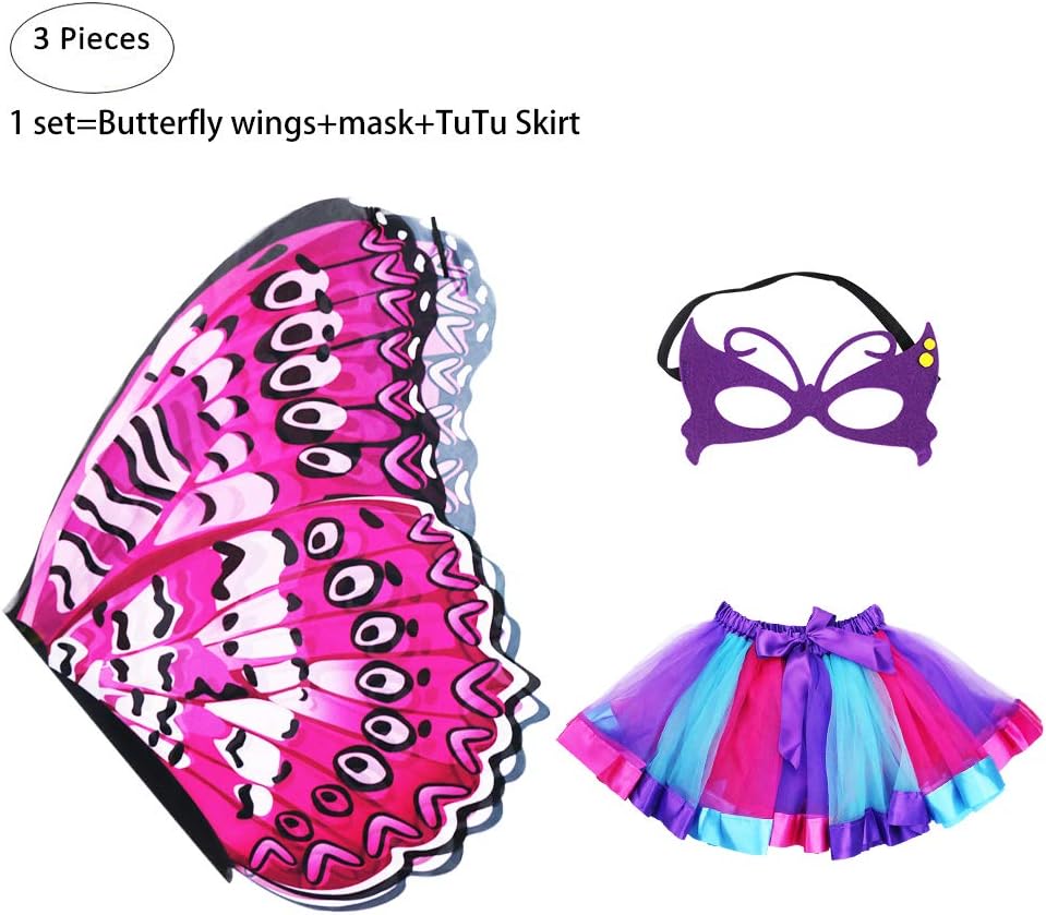 Rainbow Kids Butterfly Wings Costume for Girls Mask Tutu Halloween Dress Up Party (Rose)