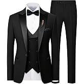 Men Suit 3 Piece Slim Fit Peak Lapel One Button Tuxedo Set for Prom Wedding | Formal Tuxedo Jacket, Double Breasted Suit Vest, Flat Front Dress Pants, with Bow Tie Handkercher Brooch, Party Homecoming