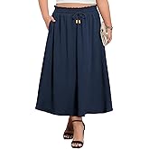 Lastshe Women's Plus Size Maxi Skirts Summer Beach Swing Pleated Elastic Waisted A-line Long Skirt with Pockets 2026