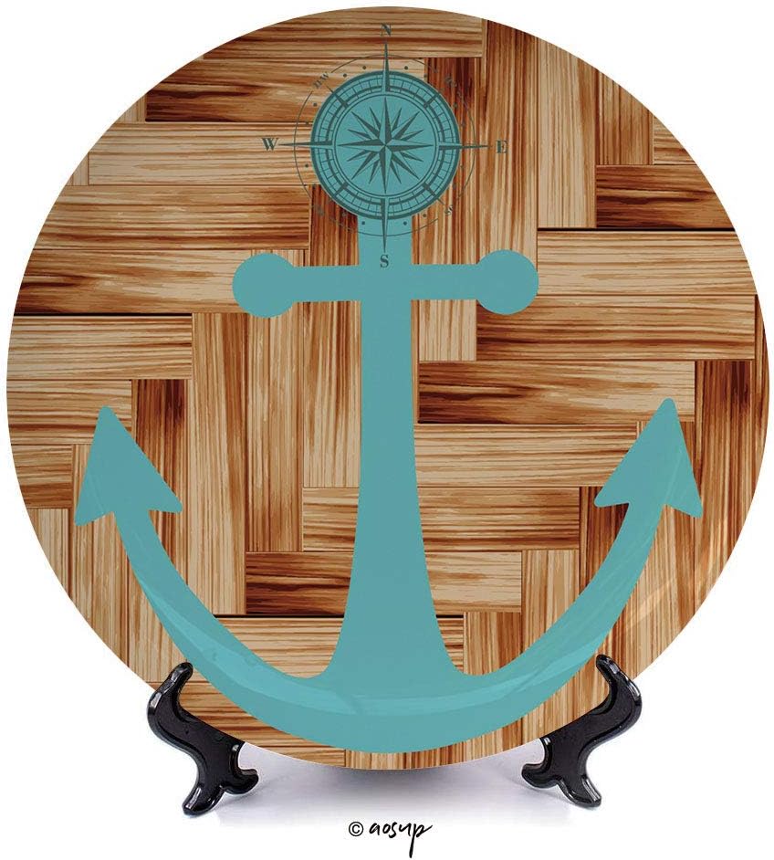 №00647 Porcelain Plates Ceramic Decorative Plates/with Compass On Rustic Wooden Planks Marine Maritime Sea Ocean Coastal Antiqued Aged Decor / 10 Inch