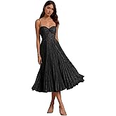 Mimyau Floral Satin Midi Wedding Guest Dresses Pleated Tea Length Formal Evening Party Gowns