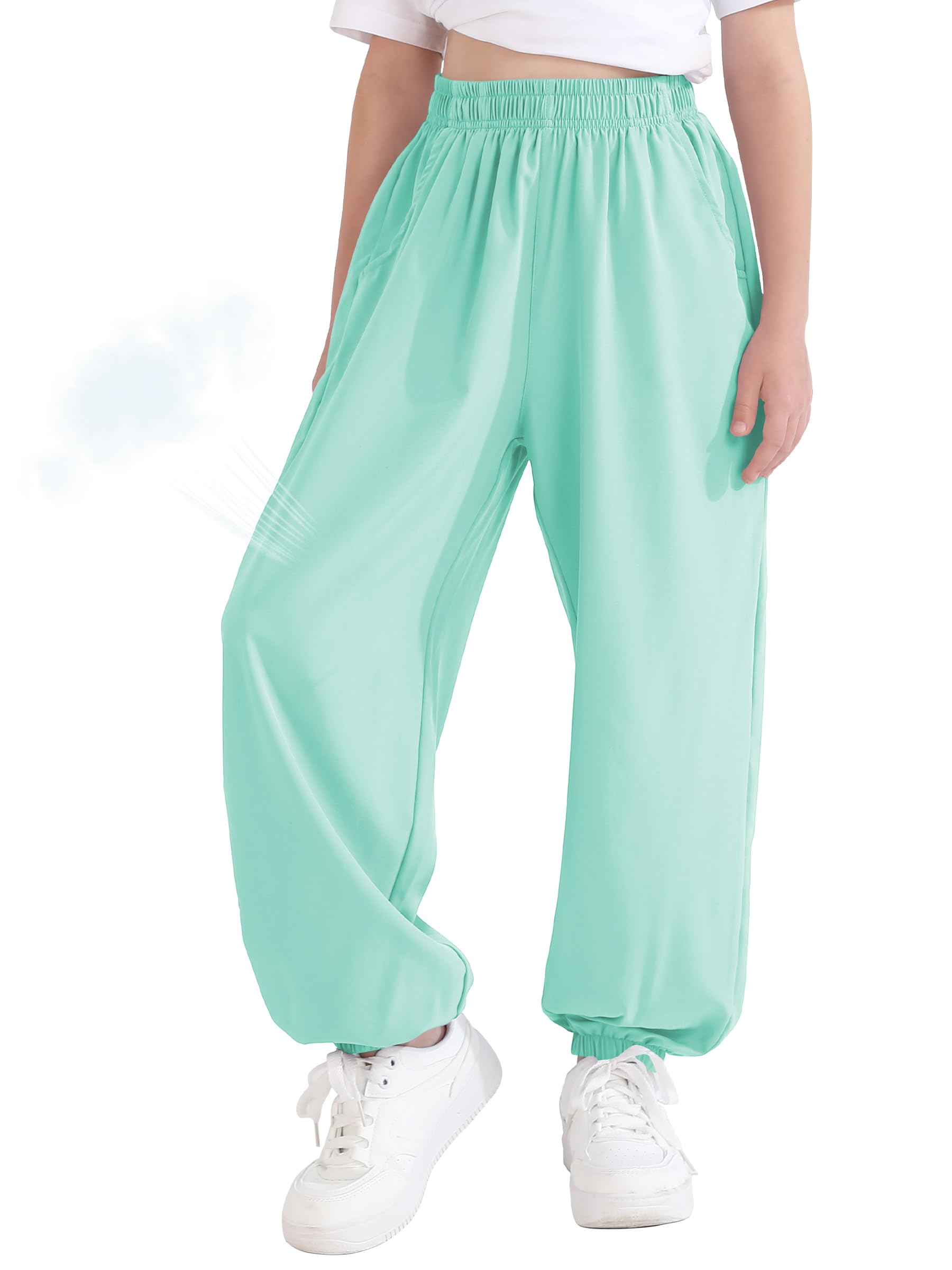 Photo 1 of QBK 3T-14Years Girls Summer Lightweight Baggy Joggers with Pockets,Wide Leg Sweatpants Cinched Bottom Hip Hop Dance Pants(Light Green 3-4T)