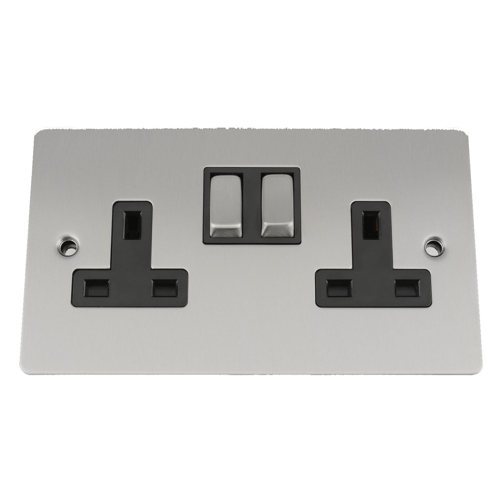 Wall Socket 2 Gang - Satin Matt Chrome Flat - Black Insert - Metal Rocker Switch - 13A Double Plug Socket