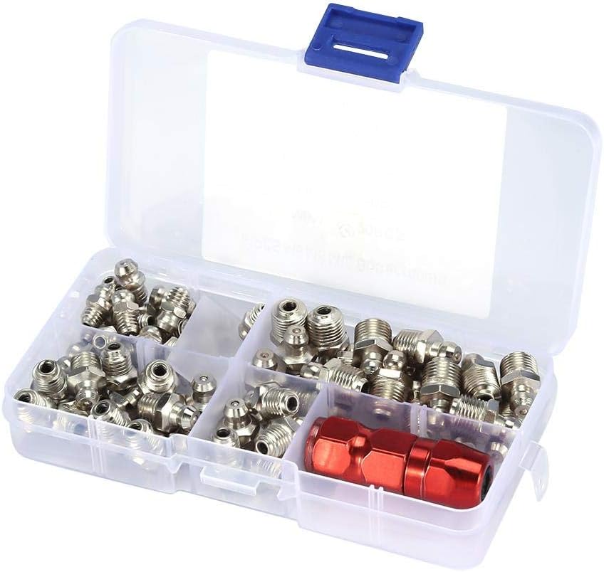 60pcs Grease Fitting Pack Metal Nipple Mechanical Lubrication Part with Plastic Box +Grease Gun Flat Mouth