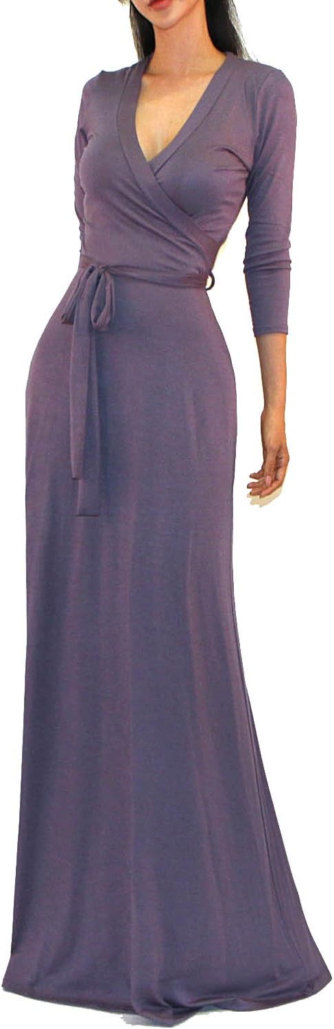 Women's USA Solid V-Neck 3/4 Sleeve Faux Wrap Waist Long Maxi Dress