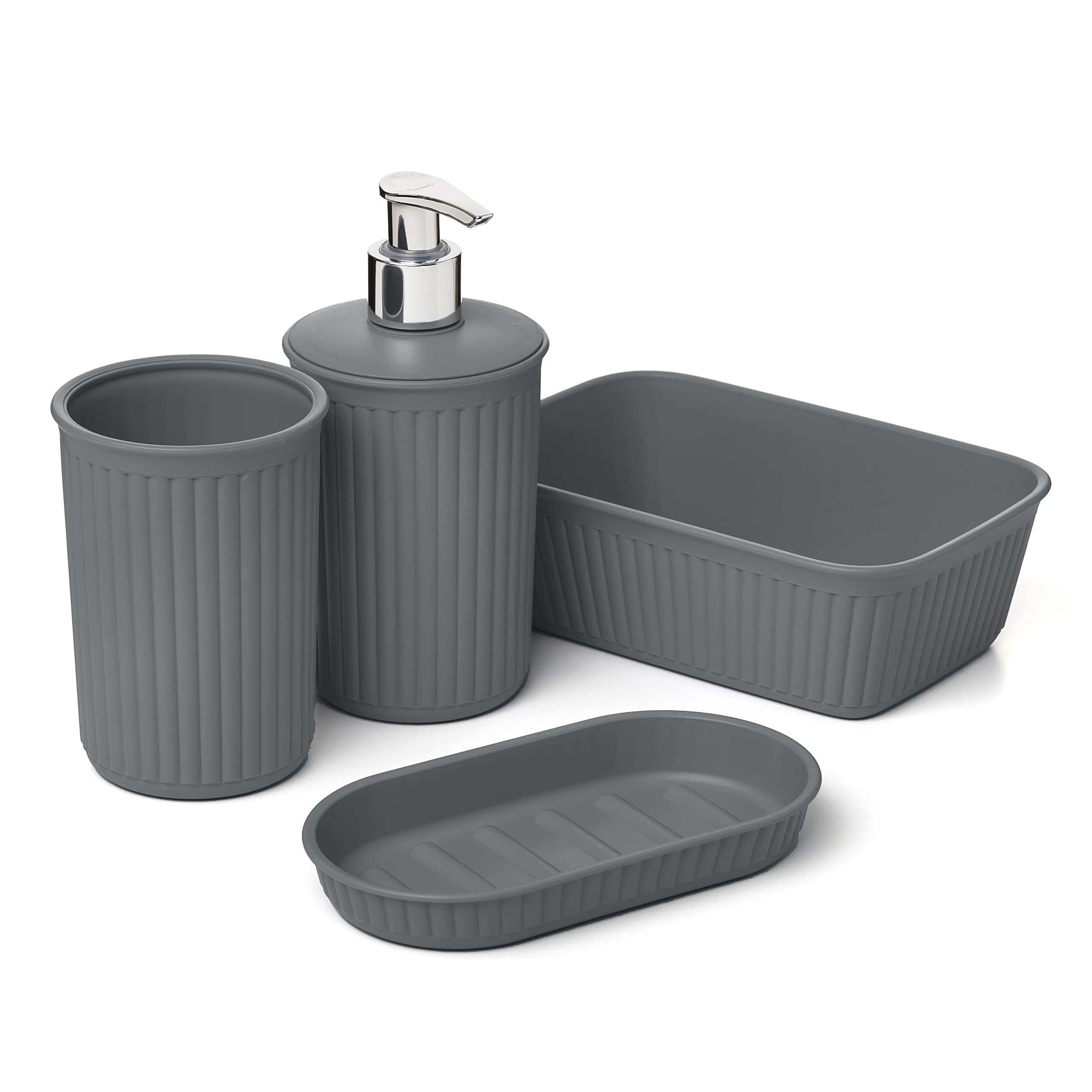 Tatay Set of 4pcs Bathroom Table Top (Tumbler + Dispenser + Soap Dish + Soap Dish + Organiser A6) Baobab, Plastic, BPA Free, Anthracite Grey