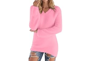 TIMIFIS Fuzzy Sweaters for Women Casual V Neck Fleece Pullover Long Sleeve Cozy Sweaters Fall Winter Thermal Sweatshirts