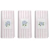 Kemingni Blue Hydrangea Floral Kitchen Dish Towels, Trendy Pink and White Striped Hydrangea Flower Decorative Hand Towels for Bathroom Kitchen, Pink Bathroom Decor, 16x24 Inch Set of 3