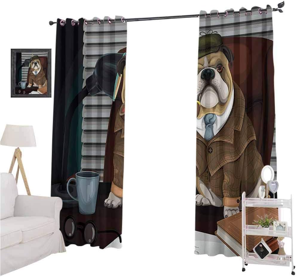 YUAZHOQI English Bulldog Printed Blackout Curtains, Traditional English Detective Dog with a Pipe and Hat Sherlock Holmes Image, 2 Panels W52 x L72 Blackout Curtains for Kitchen