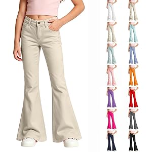 Girls Back to School Pants Preppy High Stretchy Flare Dress Bootcut Slacks | Back To School Outfits Front Button Elastic Wais